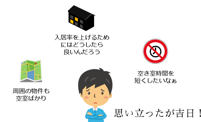 周囲の物件も空室ばかり 入居率を上げるためにはどうしたら良いんだろう 空き室時間を短くしたいなぁ 思い立ったが吉日！